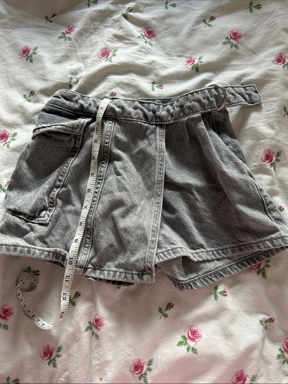 Washed Gray Denim Wrap Shorts with D-Ring Belt Detail